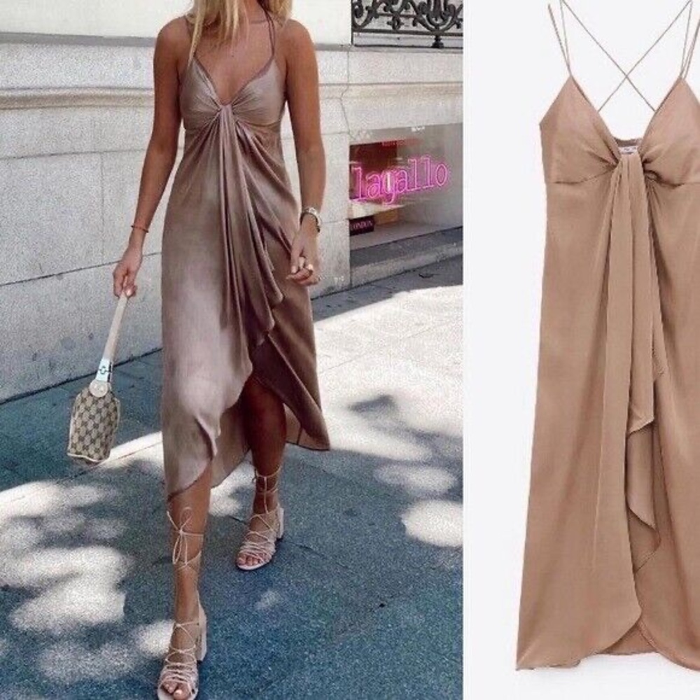 ZARA SS21 KNOTTED SLIP DRESS Beige-pink